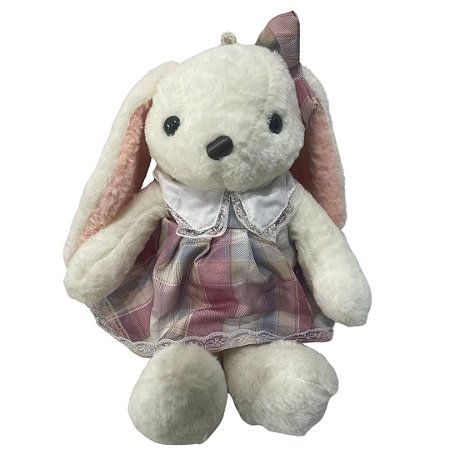 COELHO PELUCIA BRANCO FEMEA C/VESTIDO E LACO XADREZ 60CM