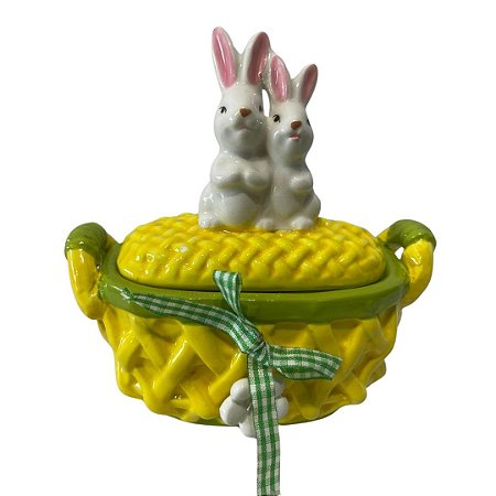 CESTINHA CERAMICA C/TAMPA E COELHO 14X7.5X15CM AMARELO