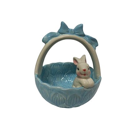 CESTINHA PASCOA CERAMICA C/COELHO 13X13X16CM AZUL