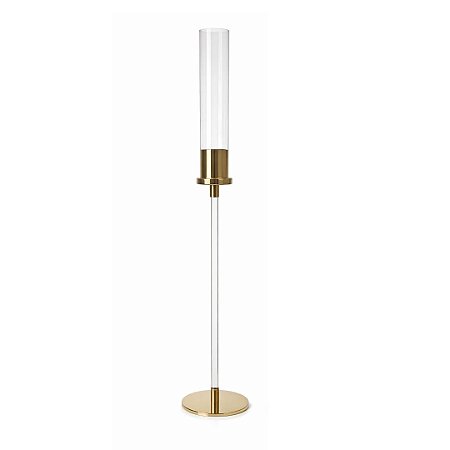CASTIÇAL DE VIDRO E METAL DOURADO 86CM C/ DONZELA