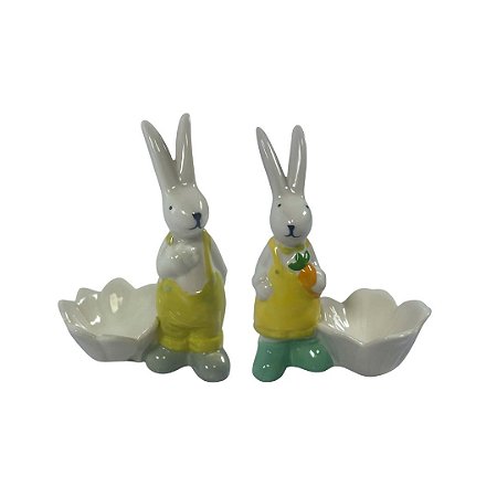 ENFEITE PASCOA COELHO C/ CESTINHA CERAMICA 11,5CM SORTIDO