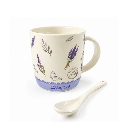 CANECA CERAMICA ESTAMPA SORTIDA LAVANDA C/ COLHER NA CAIXA 340ML