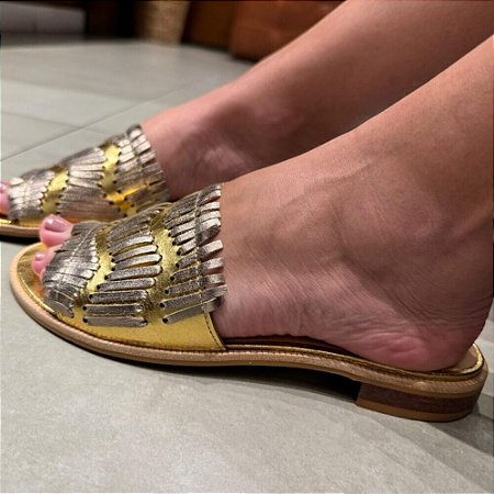 Sandália Flat Ouro com Tiras Prata