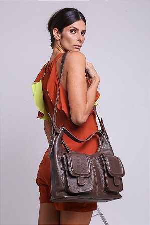 Bolsa em Couro com Dois Bolsos na cor Chocolate