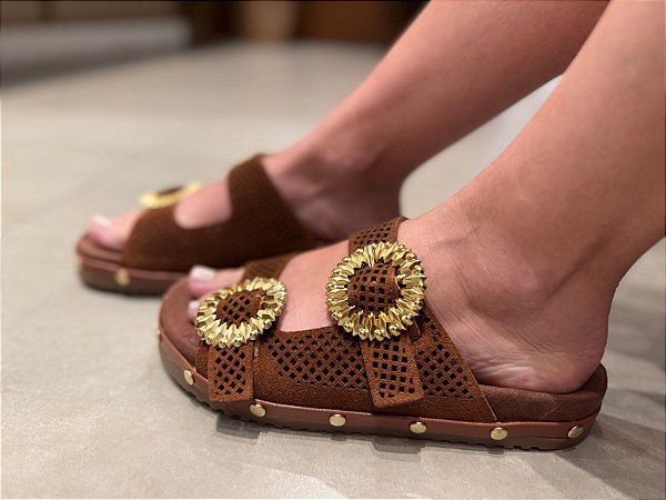 Sandália Papete Camurça Caramelo