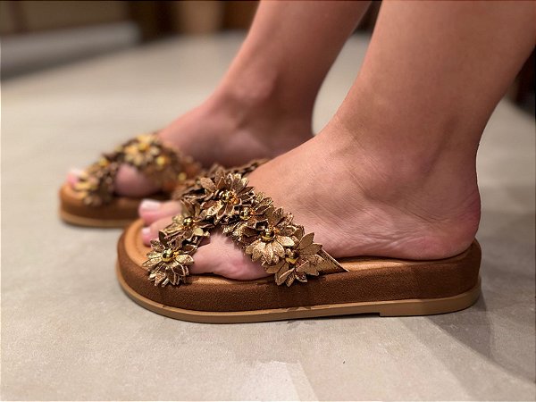 Sandália Flatform Flores Ouro