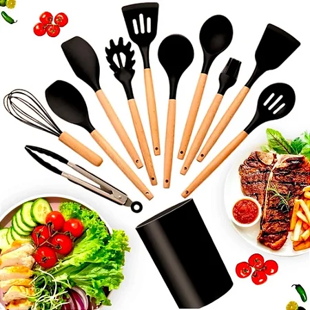 Kit 12 Peças Conjunto Utensílios Cozinha em Silicone Cabo de Madeira