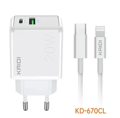 Carregador Kaidi com Cabo iPhone 20w KD-670cl