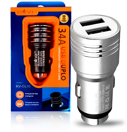 Carregador Veicular Inova 3.4a Duplo KV-GL05 - Cores Variadas