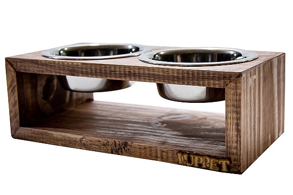 Comedouro Duplo De Madeira Com Potes Inox Para Gatos E Cachorros Marrom (LP9510-