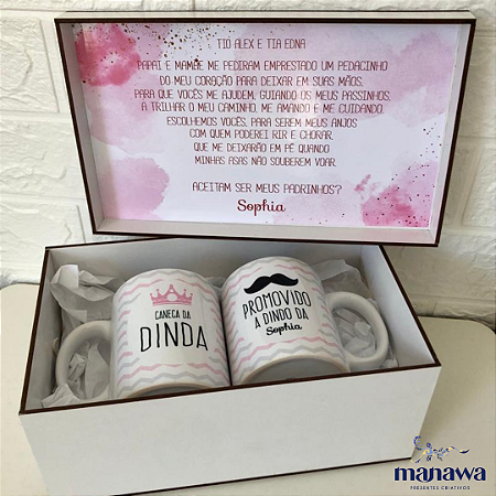 Caixa Convite Branca para Padrinhos com 2 Canecas Personalizadas