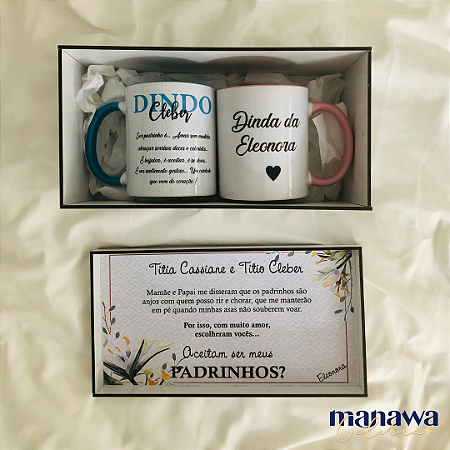 Caixa Convite Branca para Padrinhos com 2 Canecas Coloridas Personalizadas