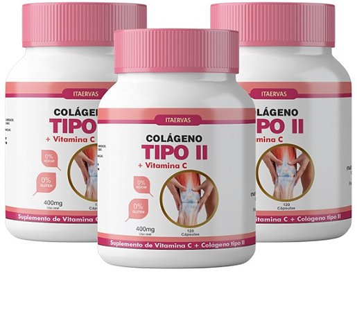 3 Potes Colágeno Tipo 2 UC-II + Vitamina C 400mg Itaervas 120 Cápsulas