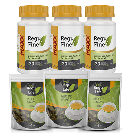 Kit 3 Regu Fine Maxx Termogênico 7x mais potente + 3 Chá Regu Life pacote Bem Estar Life