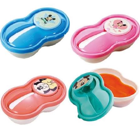 Porta Papinha Baby Minnie Rosa / Baby Mickey Azul / Baby Mickey Azul Tiffany / Mickey Plasútil 320ml - Acompanha Colher