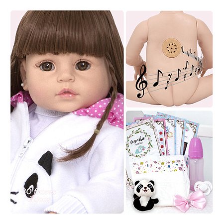 Boneca Reborn Realista Pandinha Enxoval Completo 30 Frases