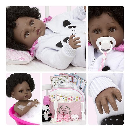 Boneca Reborn Realista Pandinha Negra Enxoval Completo Bolsa