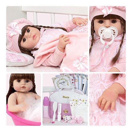 Bebe Reborn Realista Cabelo Castanho Fofinha Bolsa 20 Itens