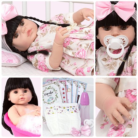 Bebê Reborn Realista Morena Com Lindo Vestido Floral Rosa
