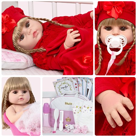 Boneca Reborn Realista Loira Conjunto Renda Vermelho