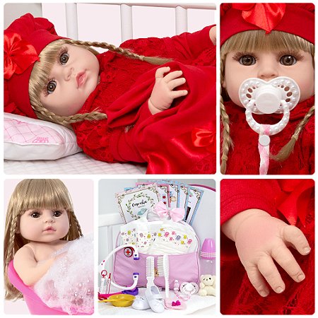 Boneca Bebê Reborn Loira Conjunto Renda Vermelho Completa