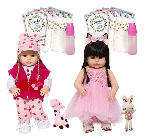 Boneca Reborn Gêmeas Menina Girafinha E Bailarina 28 Itens