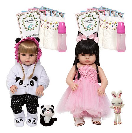 2 Boneca Reborn Realista Menina Pandinha Coelhinha 27 Itens