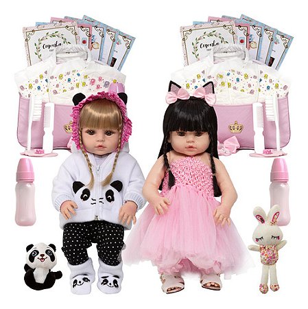 2 Bebê Reborn Realista Menina Pandinha Coelhinha 43 Itens