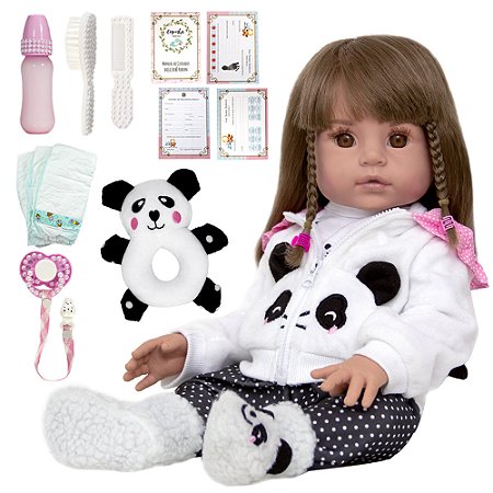 Bebe Reborn Siliconado Realista Pandinha Com Acessórios