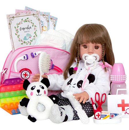 Bebe Reborn Siliconado Realista Pandinha Com Acessórios Luxo