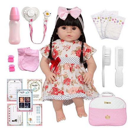 Boneca Reborn Morena Realista + 20 Itens Bolsa Maternidade