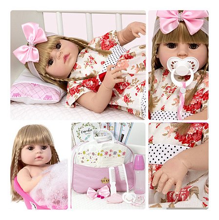 Boneca Bebê Reborn Realista Loira 20 Itens Bolsa Maternidade