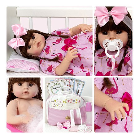 Boneca Reborn Realista Menina Cabelo Castanho 20 Itens Bolsa