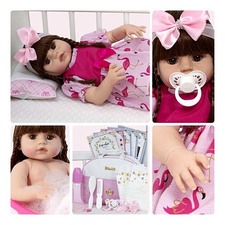 Boneca Bebê Reborn Cabelo Castanho + Bolsa 20 Itens Enxoval