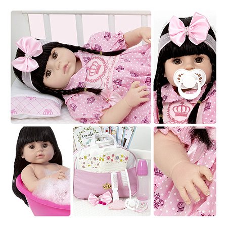 Boneca Bebê Reborn Menina Recem Nascida Morena + 20 Itens