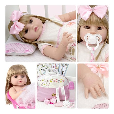 Boneca Bebe Reborn Loira Corpo De Silicone Enxoval 20 Itens