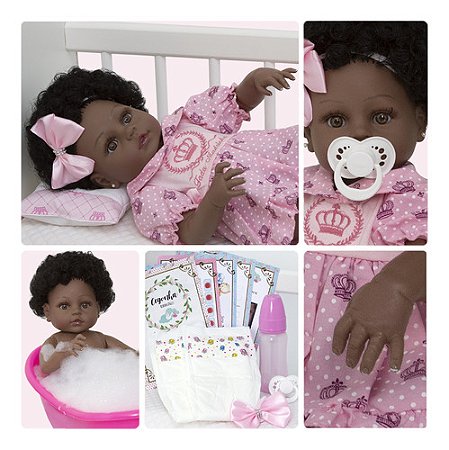 Boneca Reborn Negra Menina Realista Pode Banho + 13 Itens