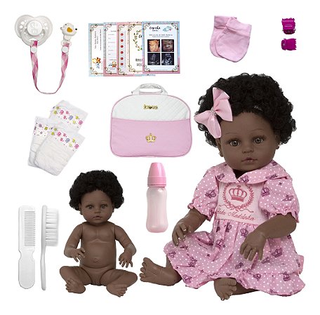 Boneca Bebê Reborn Realista Negra 20 Itens Bolsa Maternidade