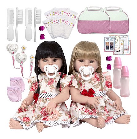 Bebê Boneca Gêmeas Reborn Pode Dar Banho Enxoval Completo