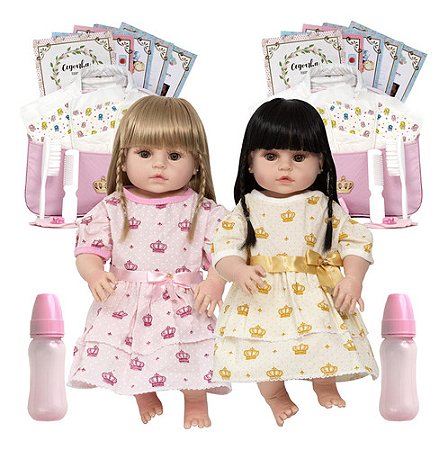 Bebê Reborn Gêmeas Morena Loira Silicone Bolsa Acessórios