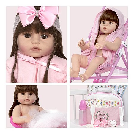 Boneca Reborn Cabelo Castanho Bolsa Acessórios + Carrinho