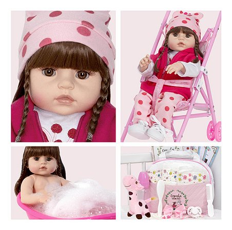 Boneca Reborn Girafinha Enxoval Completo + Carrinho Infantil