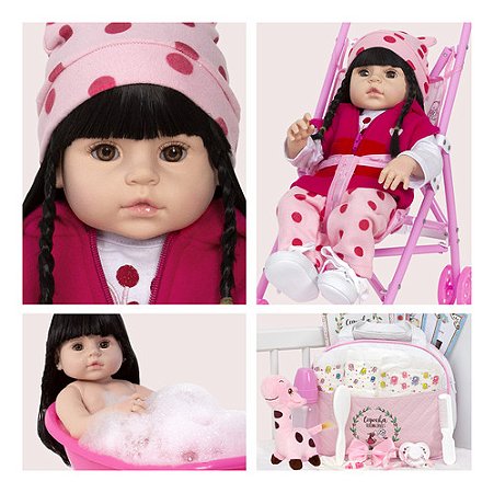 Boneca Reborn Girafinha Morena Com Bolsa Acessórios Carrinho