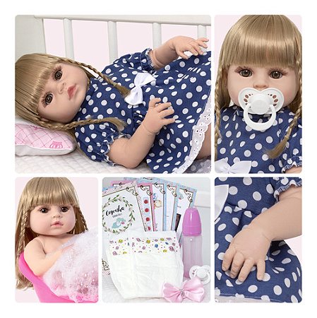 Boneca Reborn De Silicone Realista Loira + Enxoval 13 Itens