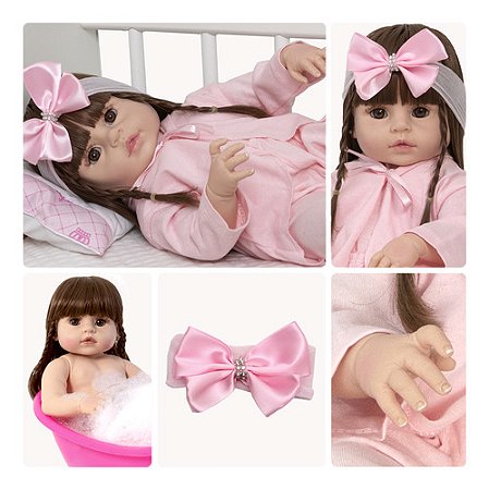 Boneca Reborn De Silicone Cabelo Castanho Menina Princesa