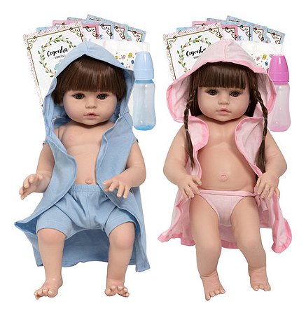 Boneca Reborn Gêmeos Realista Casal Cabelo Castanho + Itens