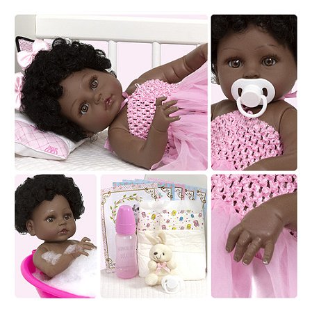 Boneca Reborn Realista Negra Bailarina Coelhinha Kit Itens