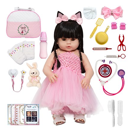 Boneca Reborn Bailarina Morena 46cm Com Pelúcia 24 Itens