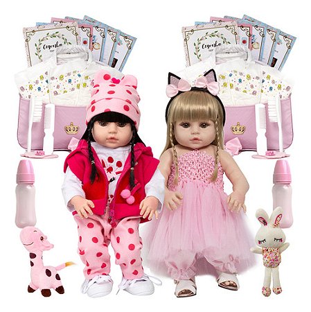 Boneca Reborn Gêmeas Silicone Loira Morena Kit Com Bolsa