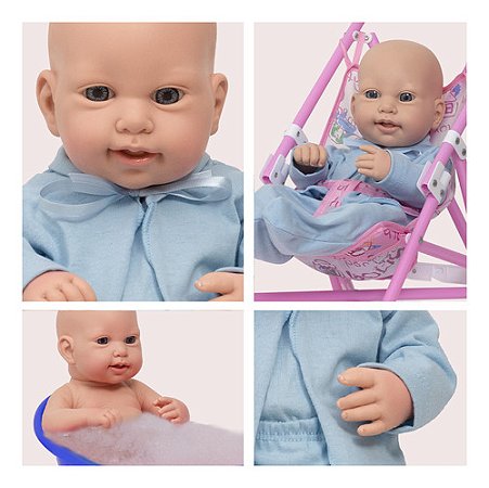 Boneco Reborn Careca Olhos Claros 43cm Com Carrinho Infantil